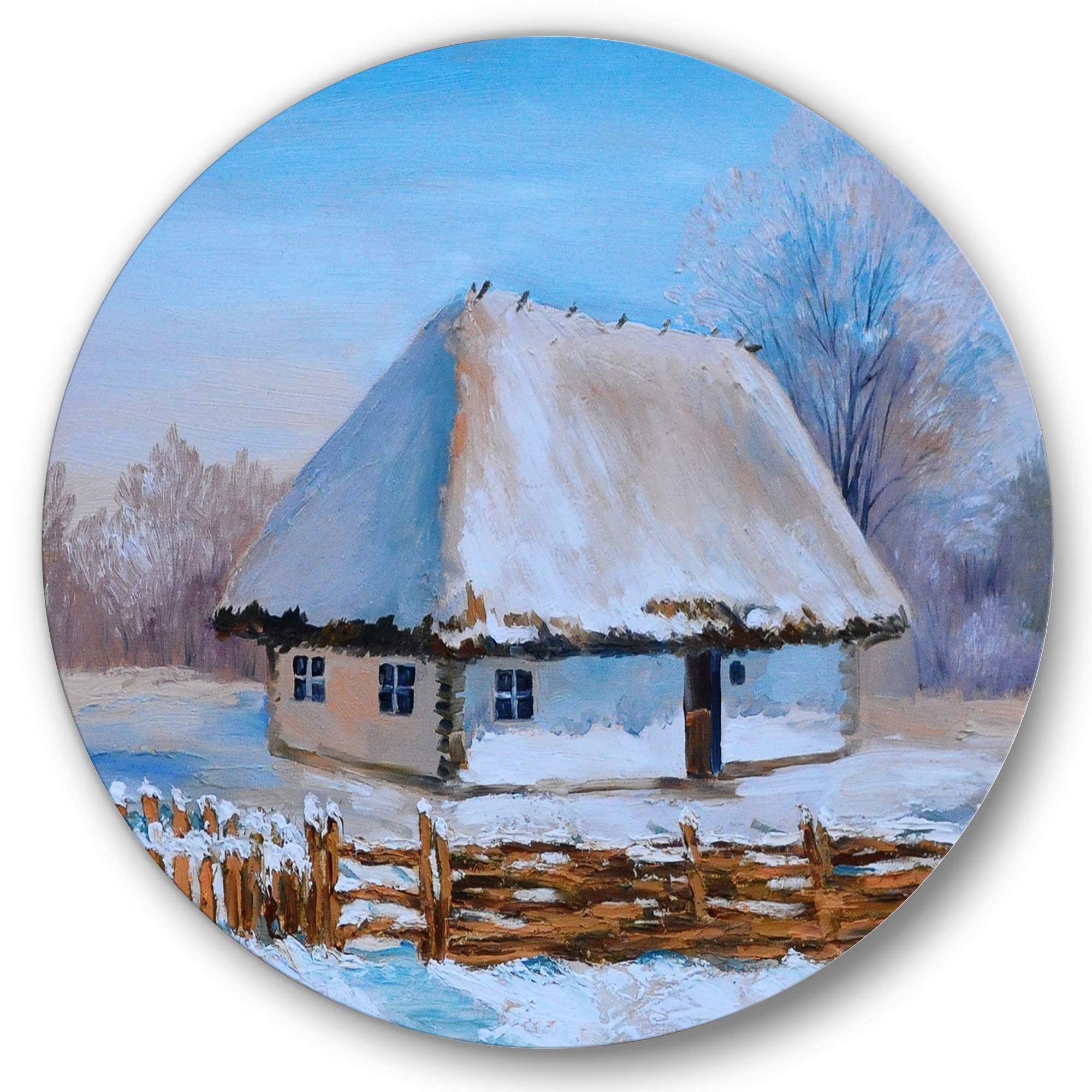 Designart 'Traditional Cottage Covered With Snow In Winter I' Traditional Circle Metal Wall Art 23x23 - Disc of 23