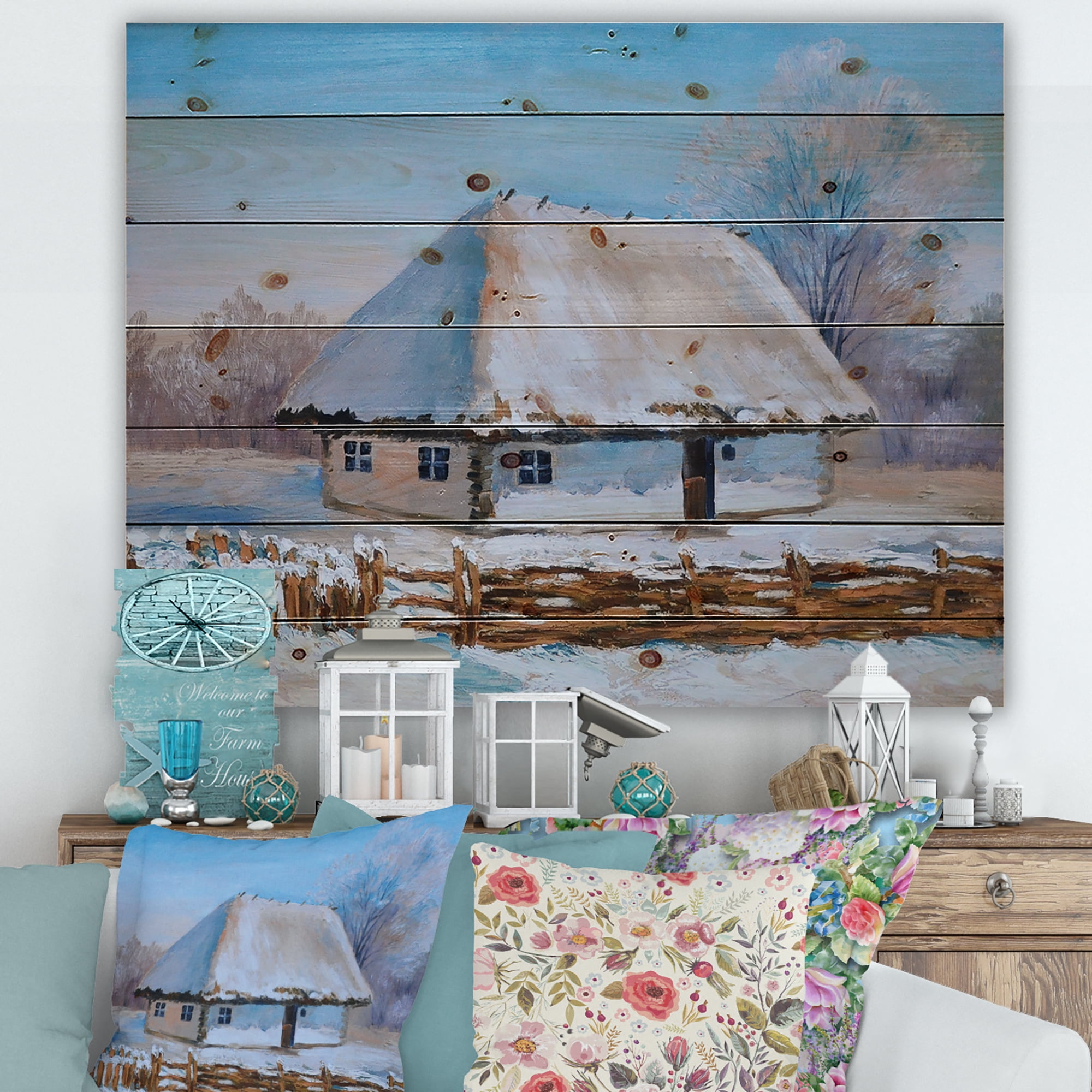 Designart 'Traditional Cottage Covered With Snow In Winter I' Traditional Print on Natural Pine Wood