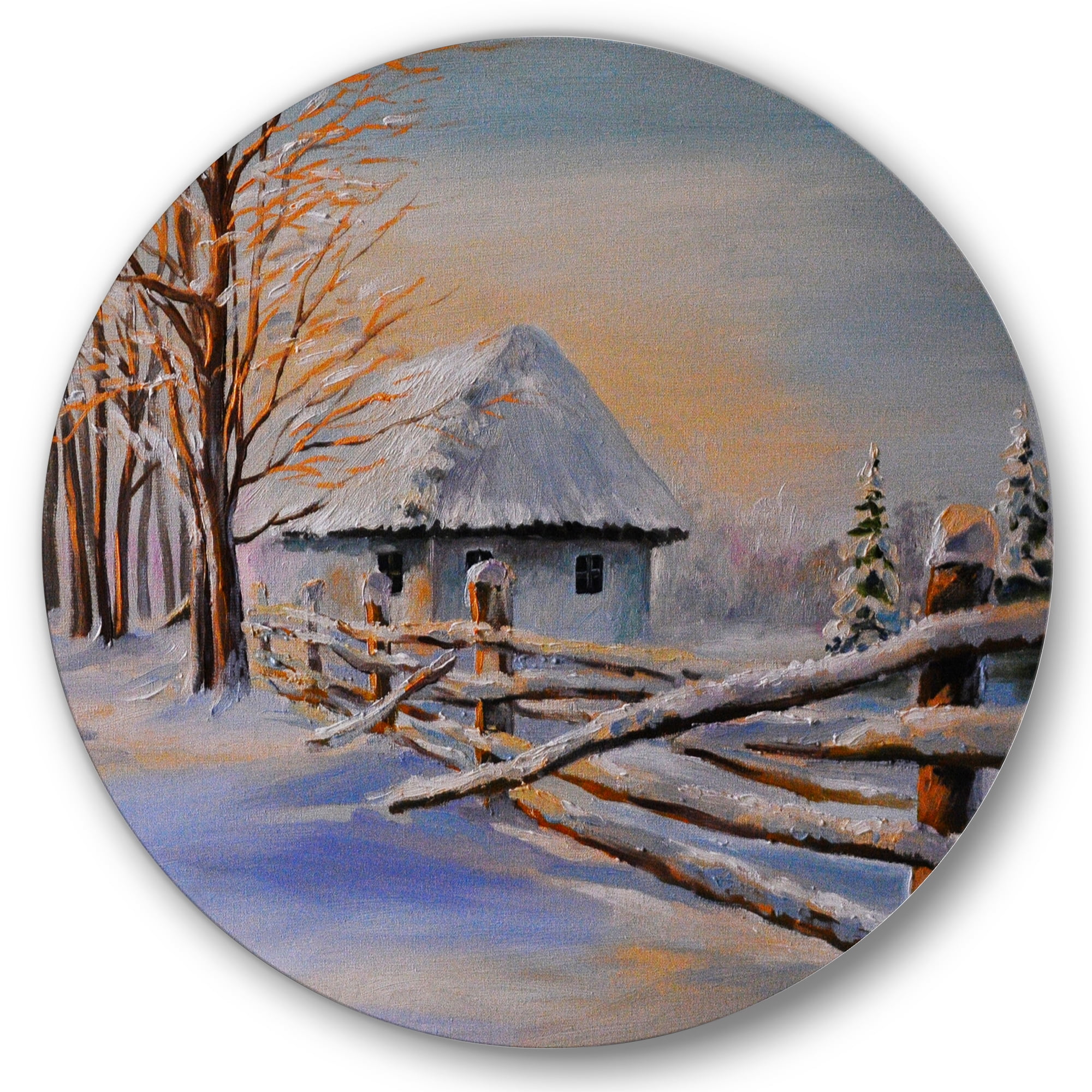 Designart 'Traditional Cottage Covered With Snow In Winter II' Traditional Circle Metal Wall Art 29x29 - Disc of 29