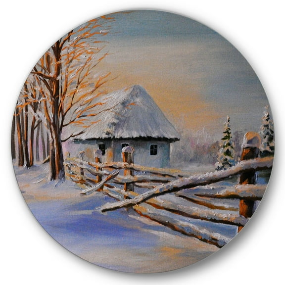 Designart 'Traditional Cottage Covered With Snow In Winter II' Traditional Circle Metal Wall Art 36x36 - Disc of 36
