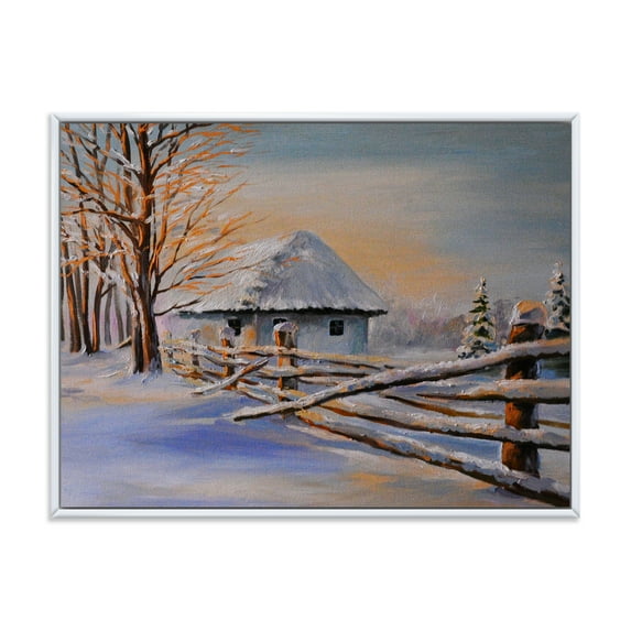 Designart 'Traditional Cottage Covered With Snow In Winter II' Traditional Framed Canvas Wall Art Print