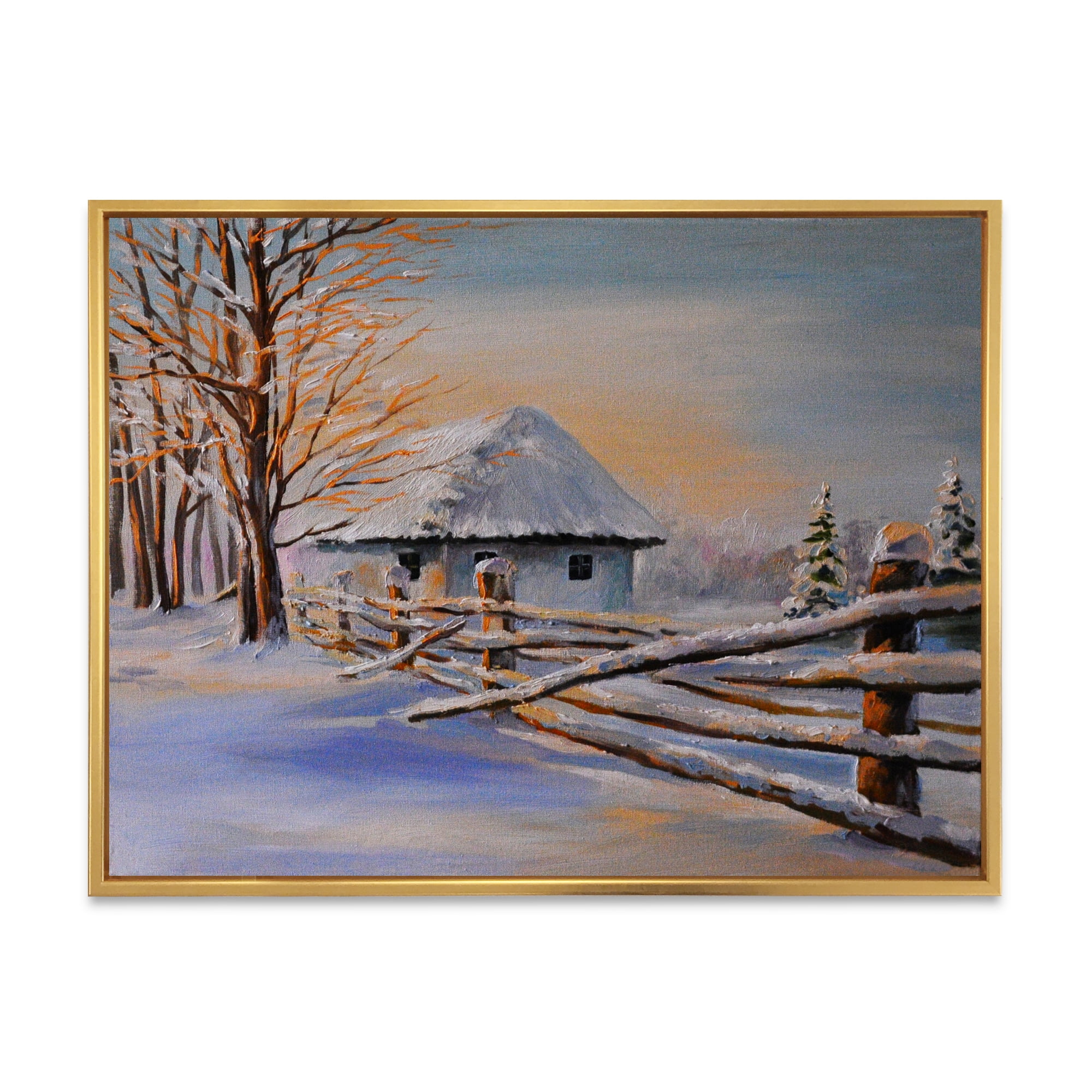 Designart 'Traditional Cottage Covered With Snow In Winter II' Traditional Framed Canvas Wall Art Print