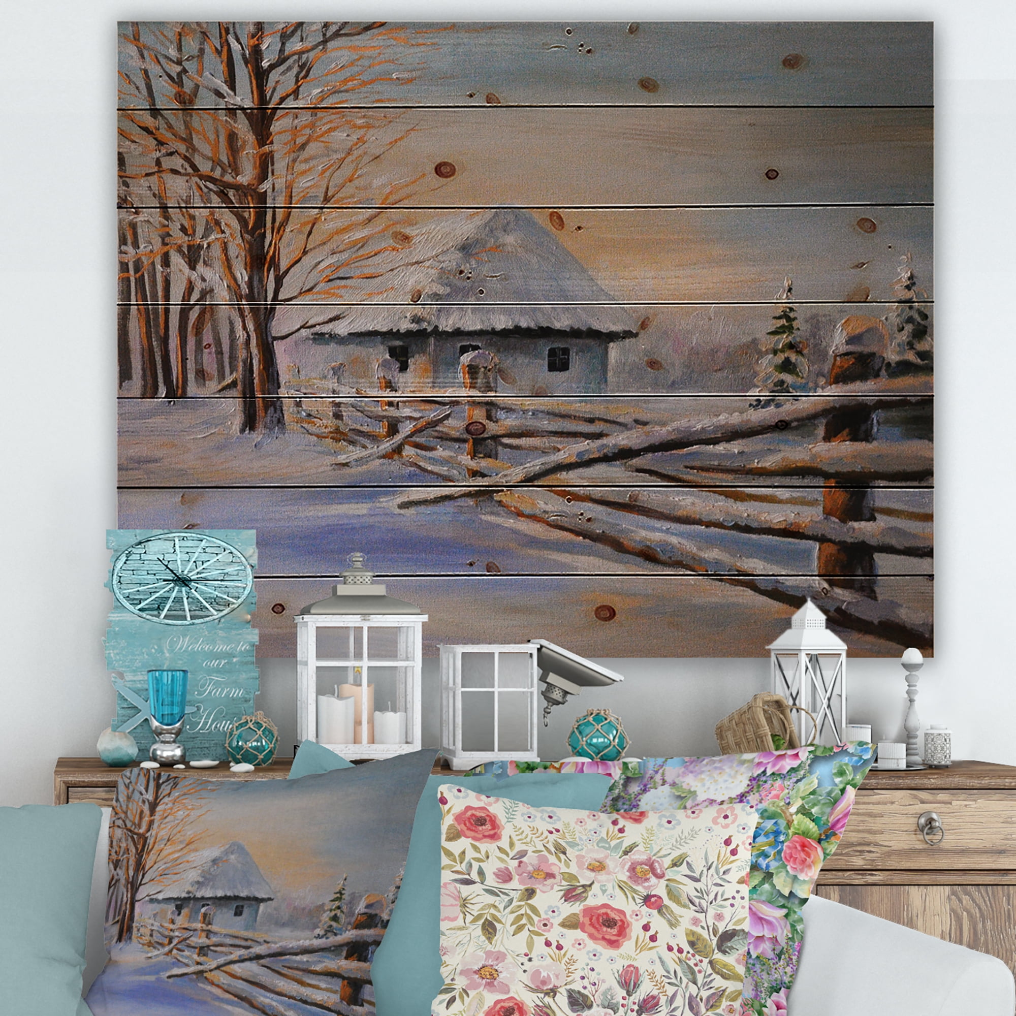 Designart 'Traditional Cottage Covered With Snow In Winter II' Traditional Print on Natural Pine Wood