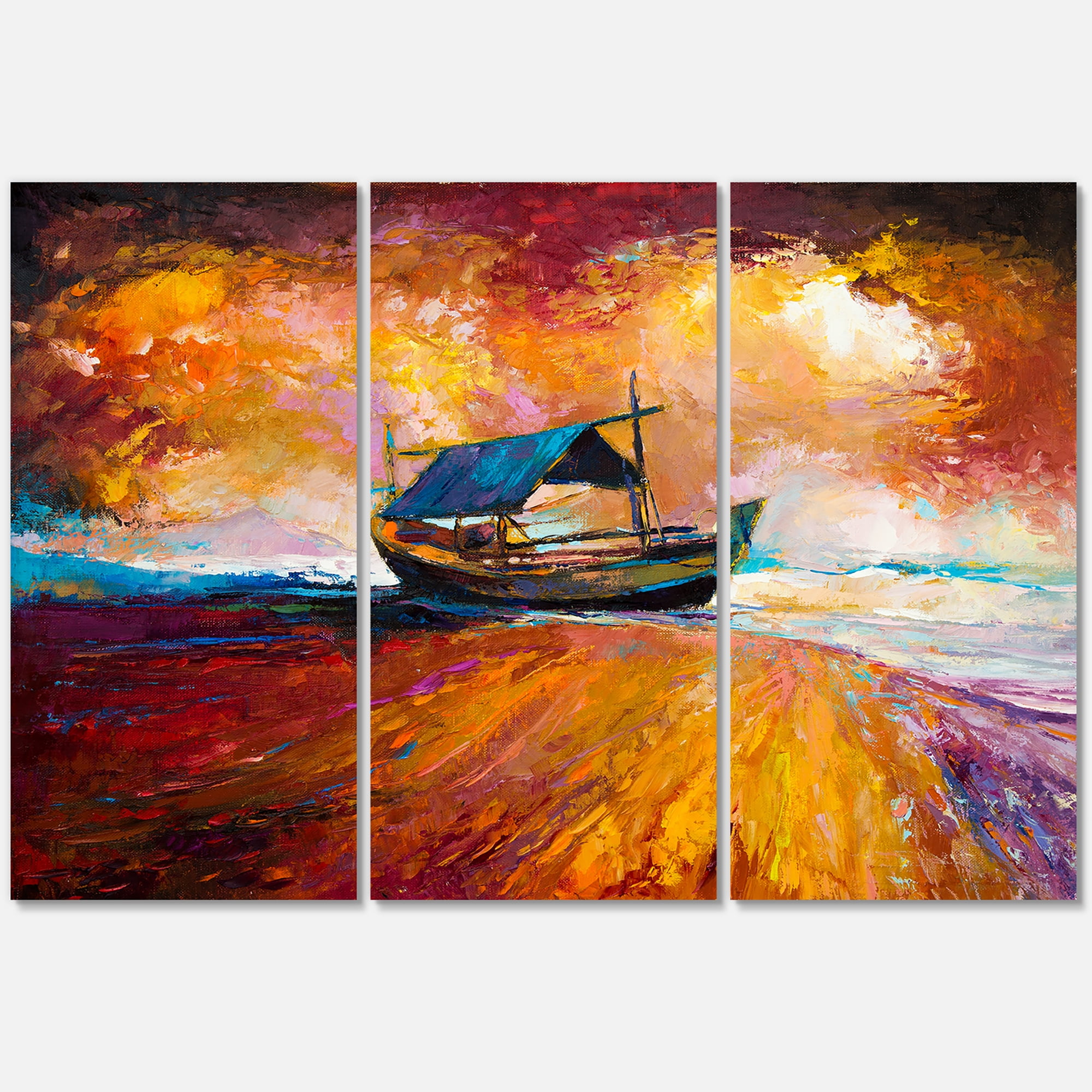 Designart ' Traditional Fisherboat During Ocean Evening Glow ' Nautical & Coastal Canvas Wall Art Print