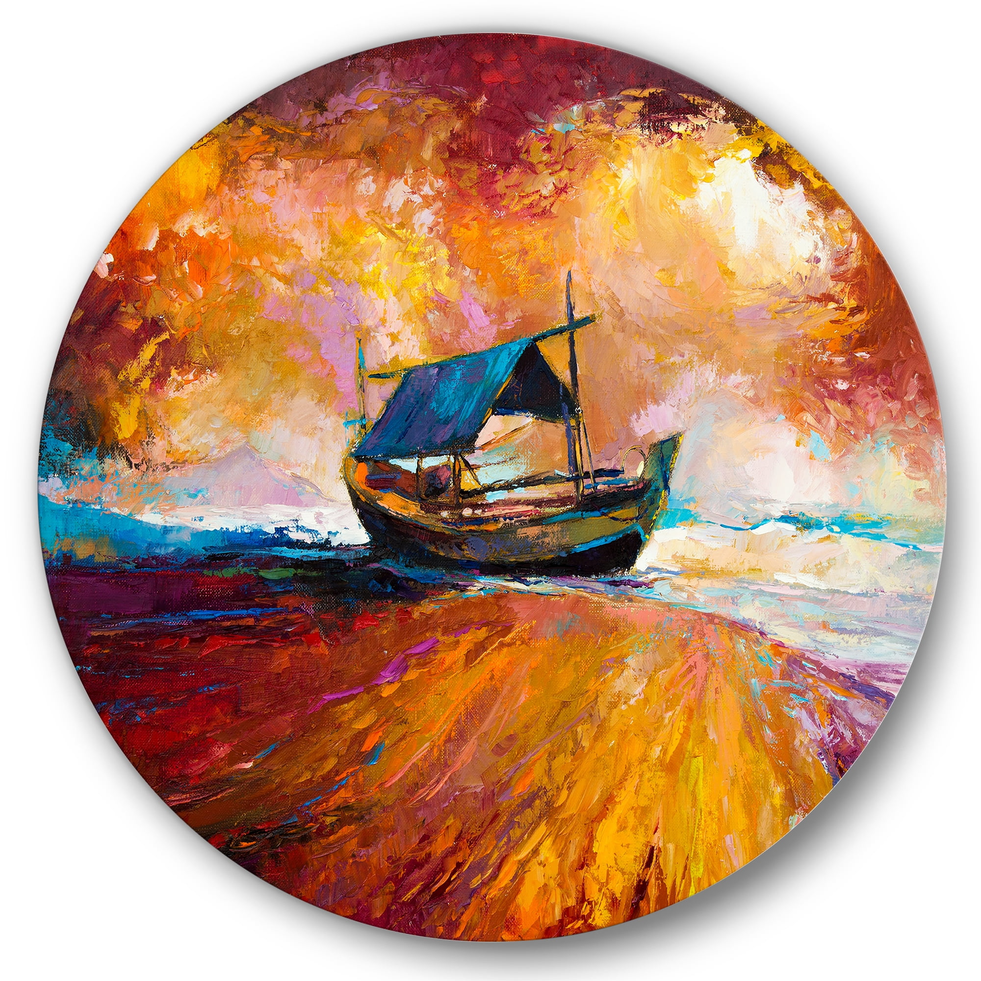 Designart 'Traditional Fisherboat During Ocean Evening Glow' Nautical & Coastal Circle Metal Wall Art 23x23 - Disc of 23