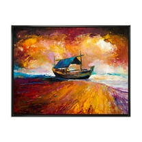 Designart 'Traditional Fisherboat During Ocean Evening Glow' Nautical & Coastal Framed Canvas Wall Art Print