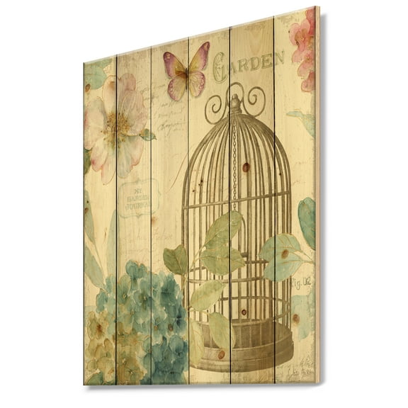 Designart 'Traditional Floral Birdcage II' Traditional Print on Natural Pine Wood