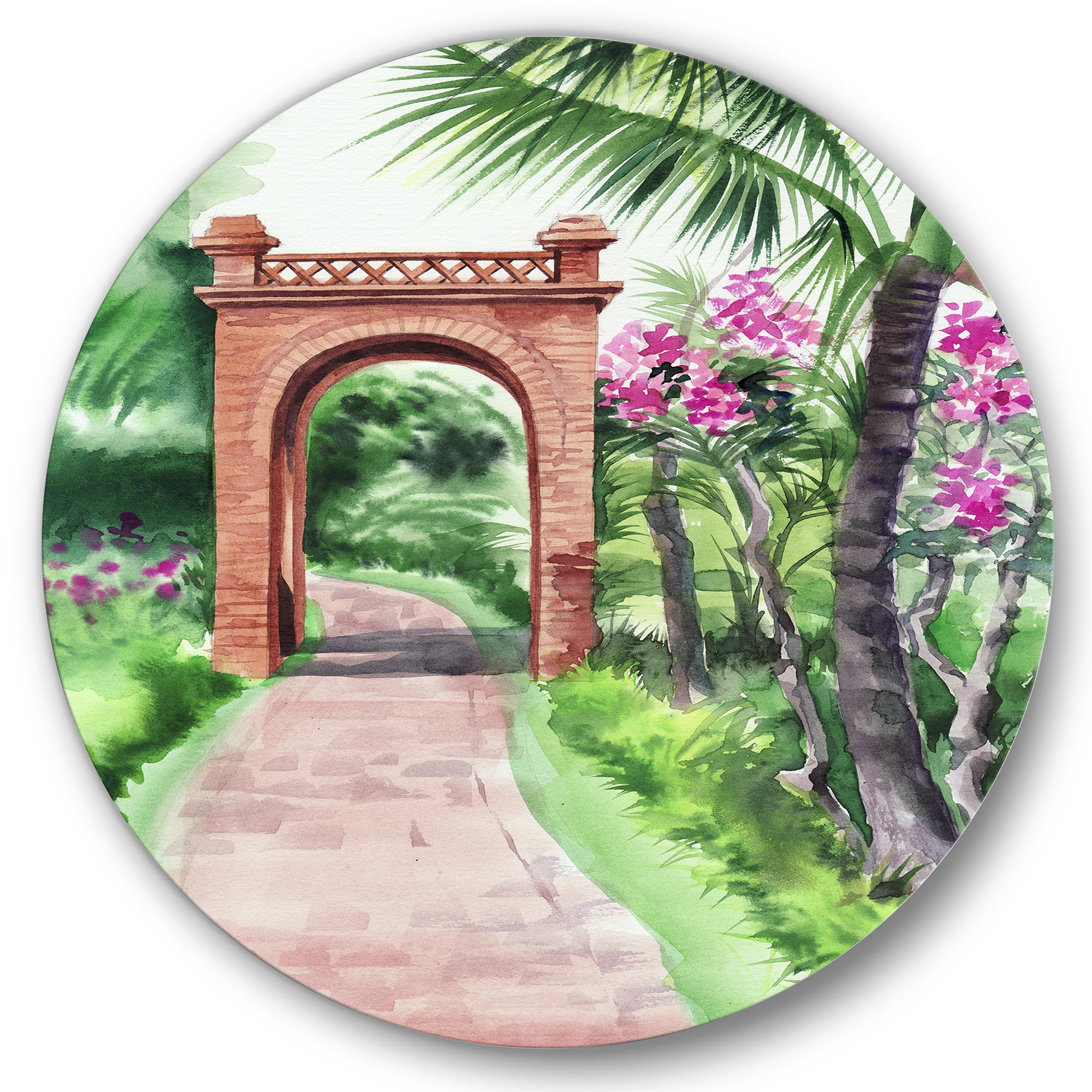 Designart 'Traditional Gate On Path In Tropical Oasis' Tropical Circle Metal Wall Art 36x36 - Disc of 36