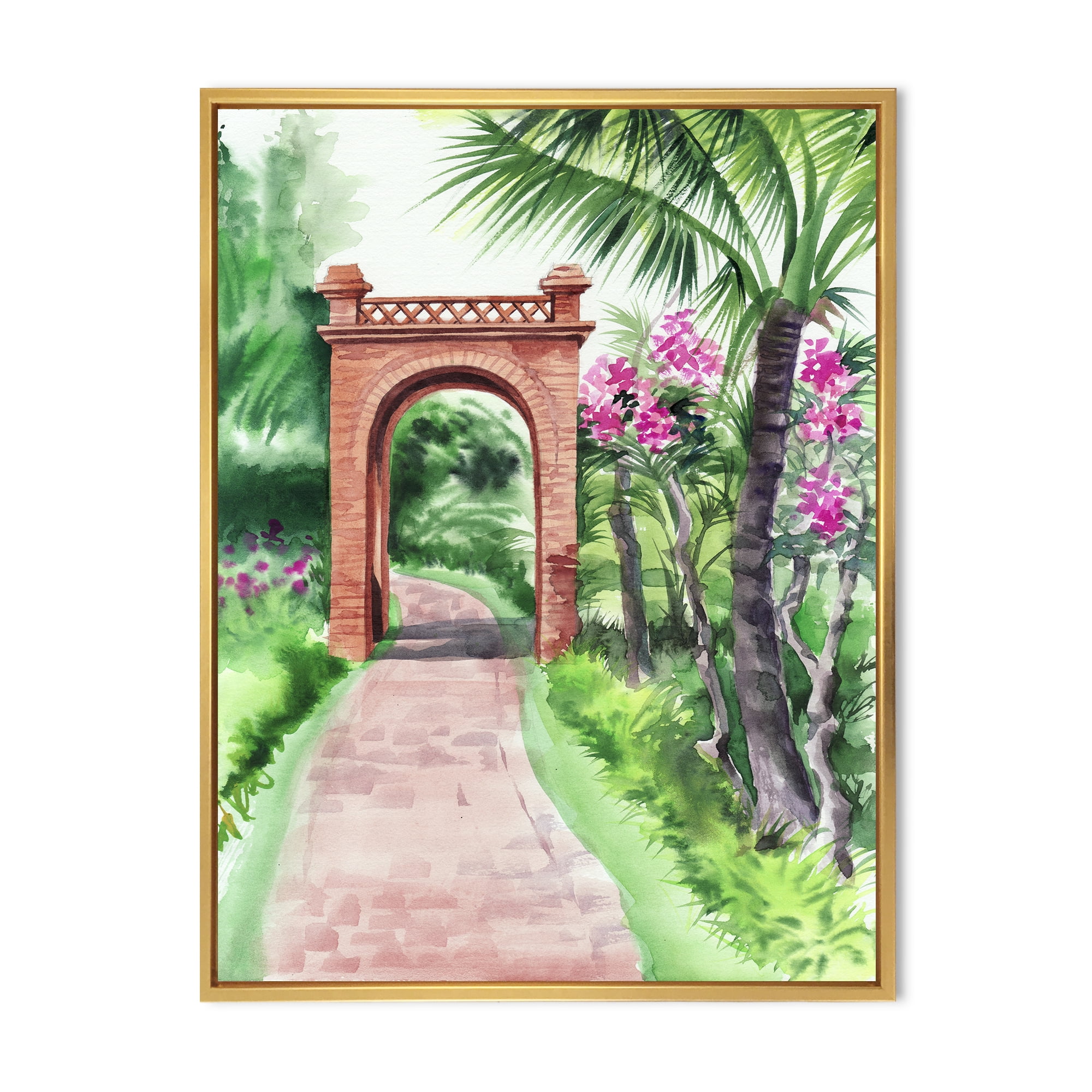 Designart 'Traditional Gate On Path In Tropical Oasis' Tropical Framed Canvas Wall Art Print