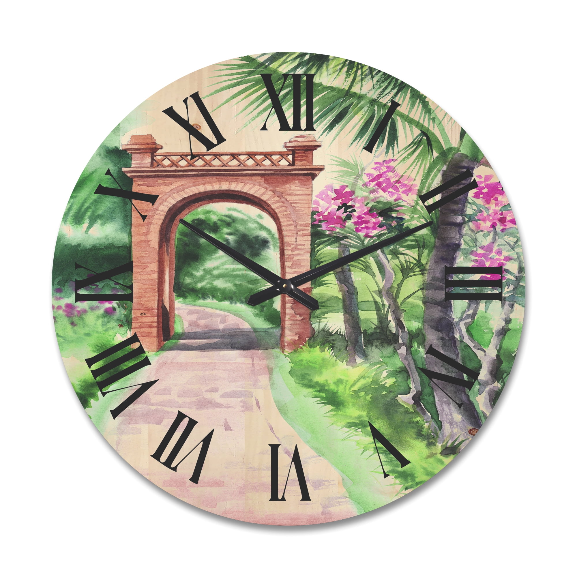 Designart 'Traditional Gate On Path In Tropical Oasis' Tropical Wood Wall Clock