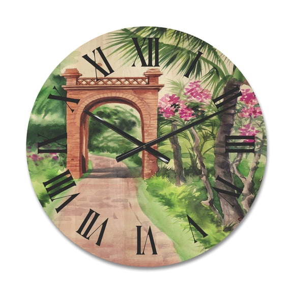 Designart 'Traditional Gate On Path In Tropical Oasis' Tropical Wood Wall Clock