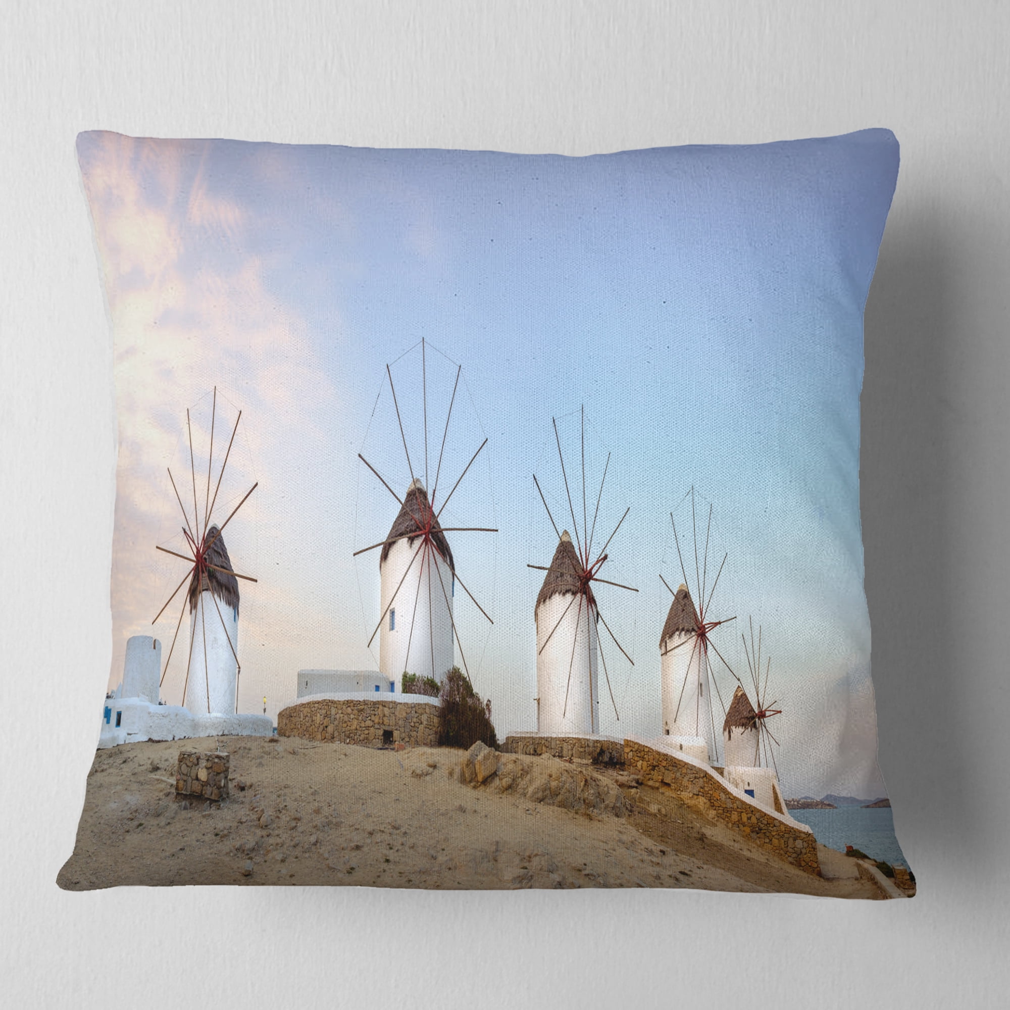Designart Traditional Greek Windmills Panorama - Landscape Printed Throw Pillow - 16x16