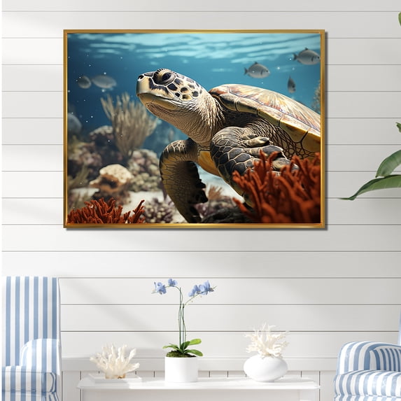 Designart "Traditional Seaside Turtle Scene" Animals Turtle Floater Framed Wall Art Living Room
