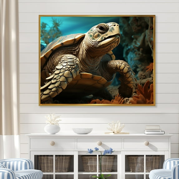 Designart "Traditional Seaside Turtle Scene I" Animals Turtle Floater Framed Canvas Wall Art