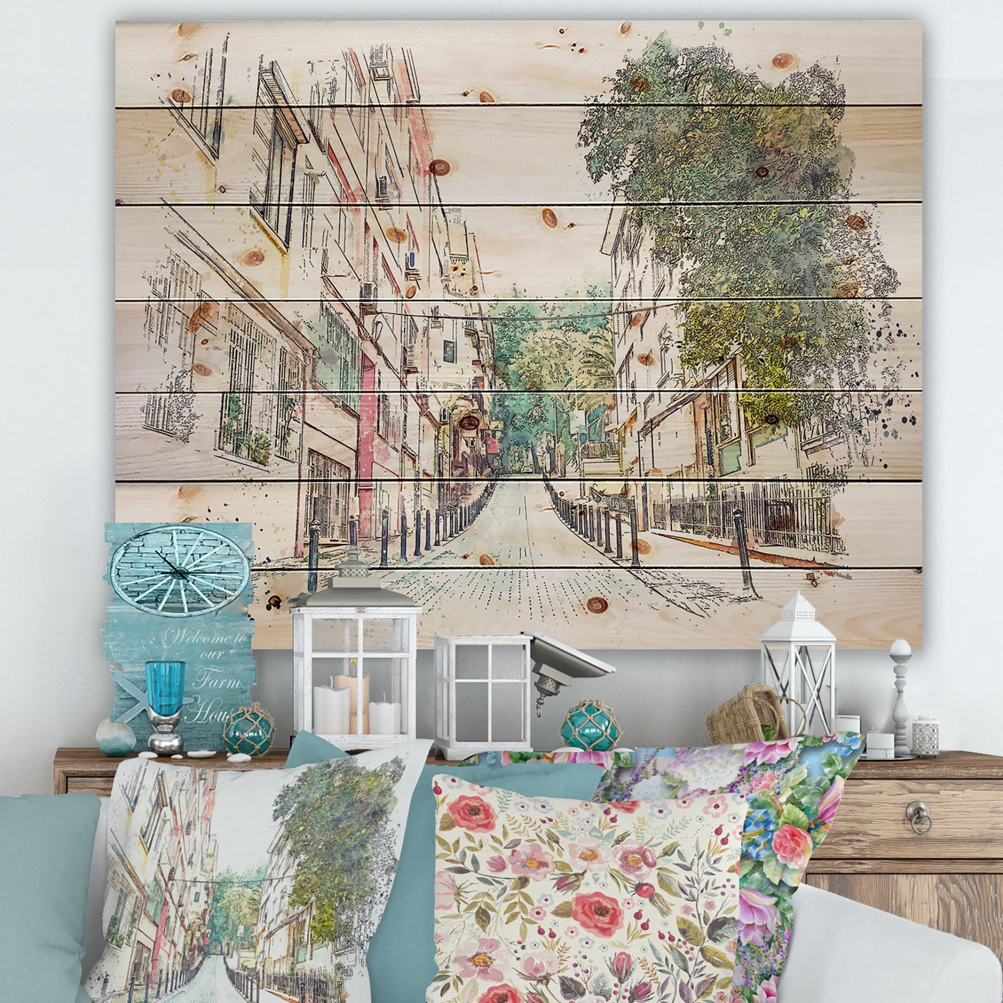 Designart 'Traditional Street In City Istanbul' Traditional Print on Natural Pine Wood