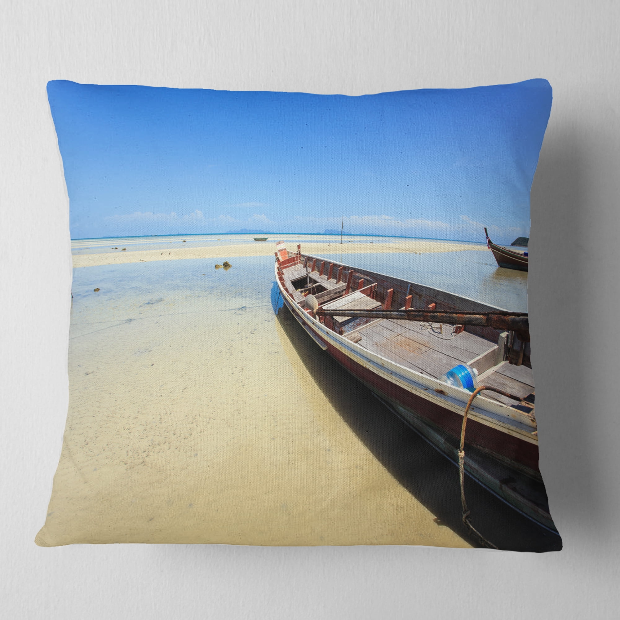 Designart Traditional Thai Boat on Beach - Seashore Throw Pillow - 18x18