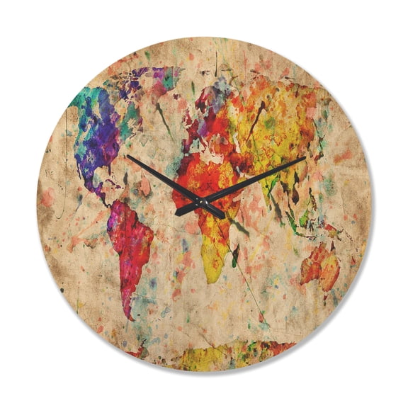 Designart 'Traditional World Map Watercolor ' Modern Wood Wall Clock