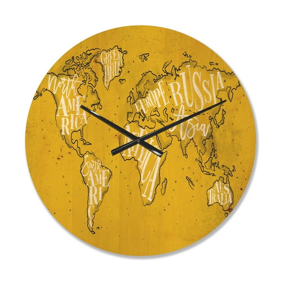 Designart 'Traditional Yellow Worldmap ' Modern Wood Wall Clock