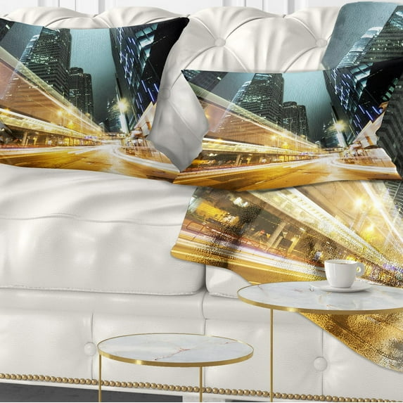 Designart Traffic in Hong Kong at Night - Cityscape Throw Pillow - 12x20