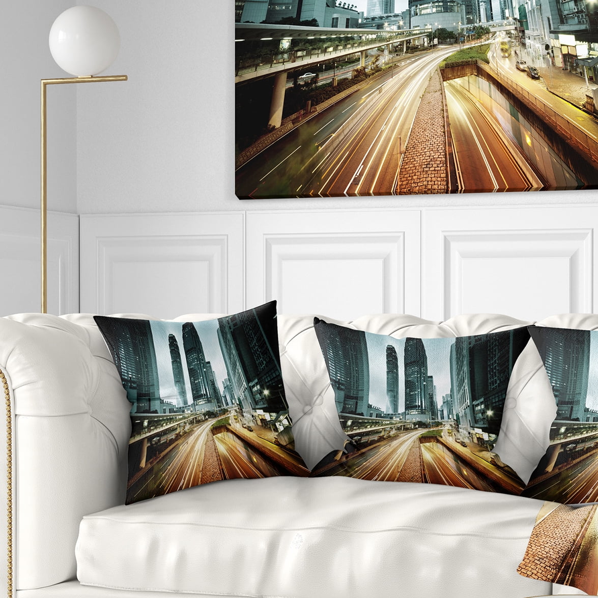Designart Traffic in Hong Kong at Sunset - Cityscape Photo Throw Pillow - 18x18