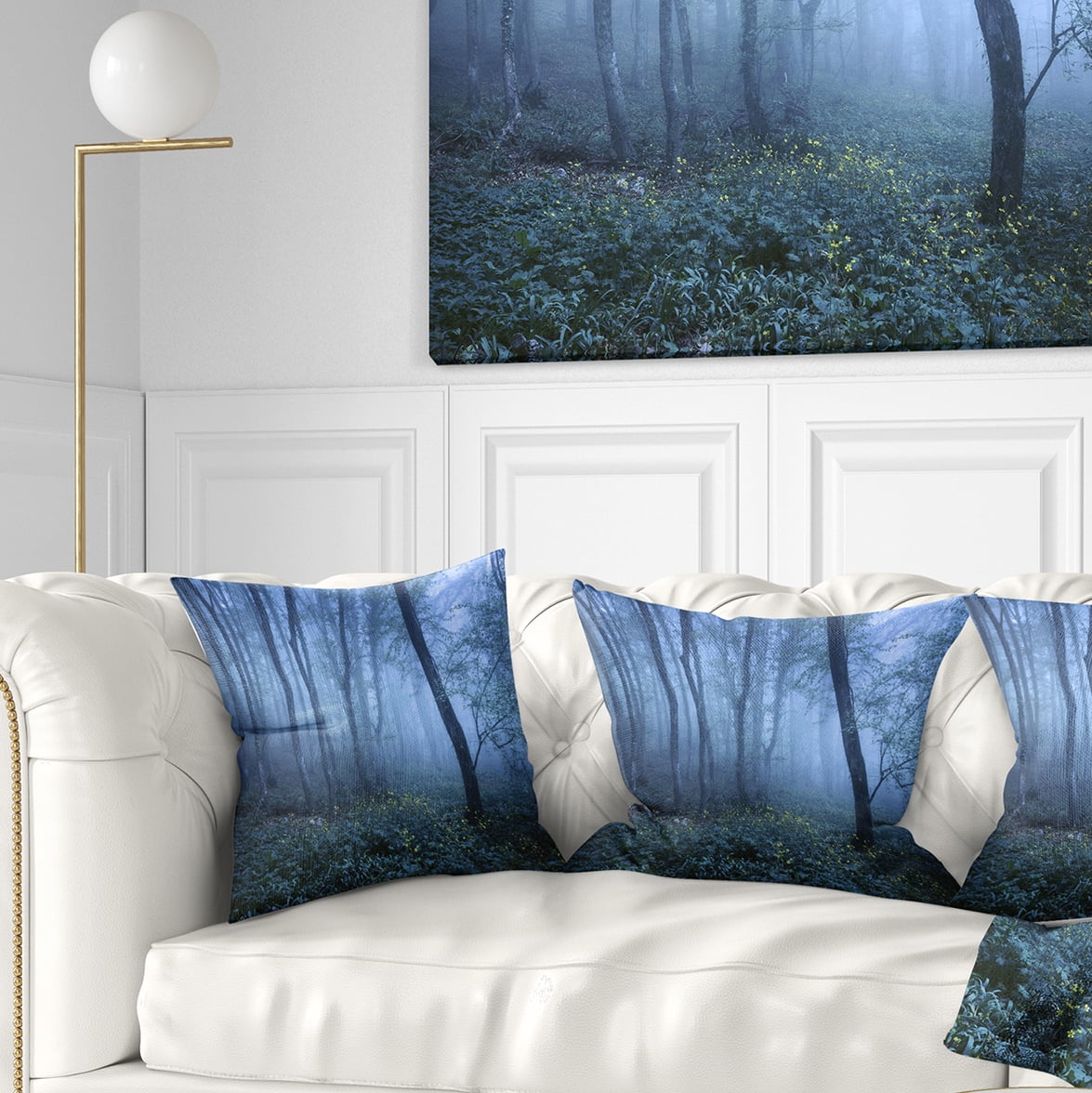Designart Trail Through Blue Fall Forest - Landscape Photo Throw Pillow - 16x16
