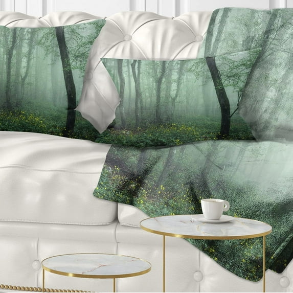 Designart Trail Through Dark Foggy Forest - Landscape Photography Throw Pillow - 12x20