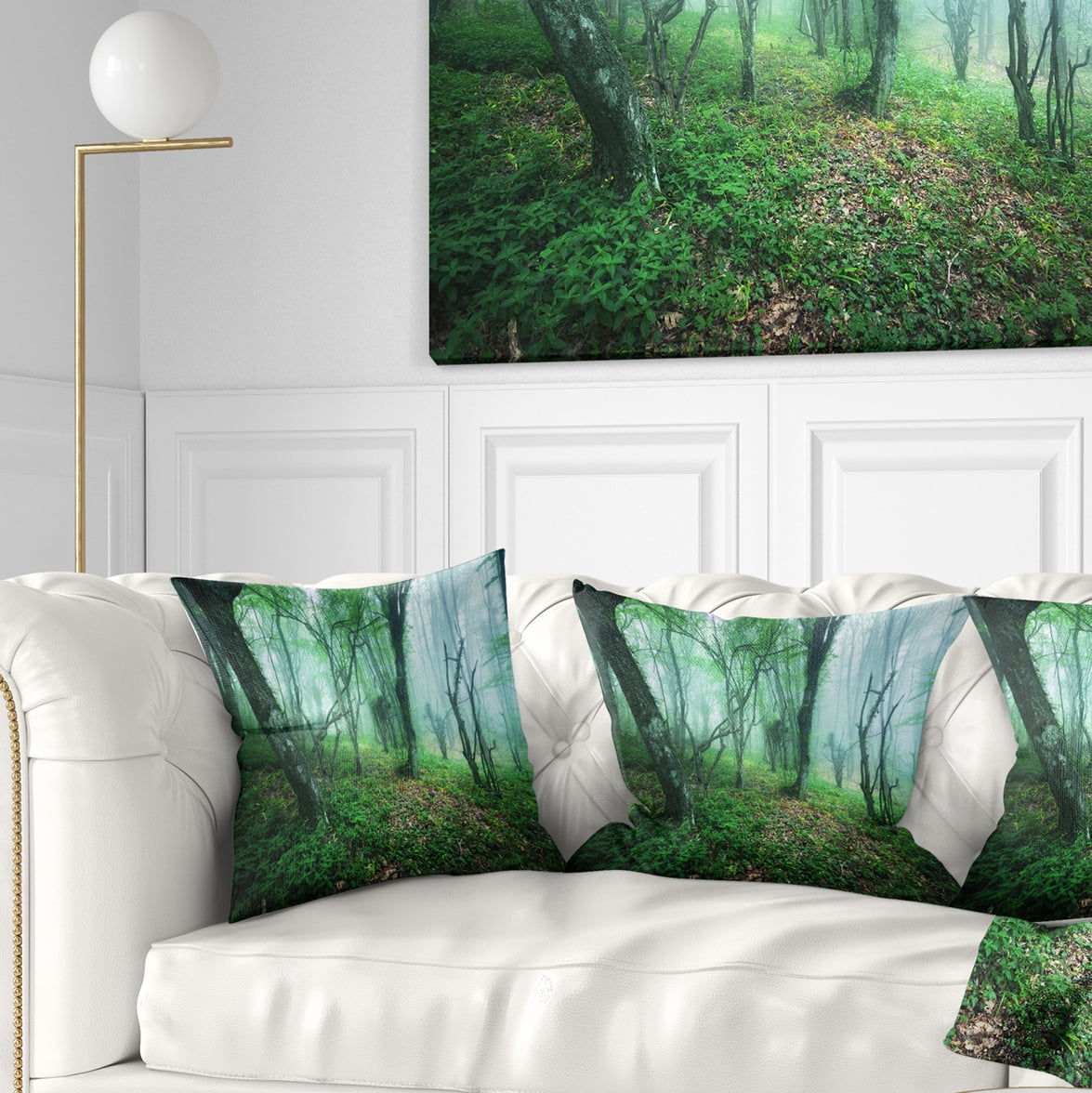 Designart Trail Through Green Forest - Landscape Photography Throw Pillow - 16x16