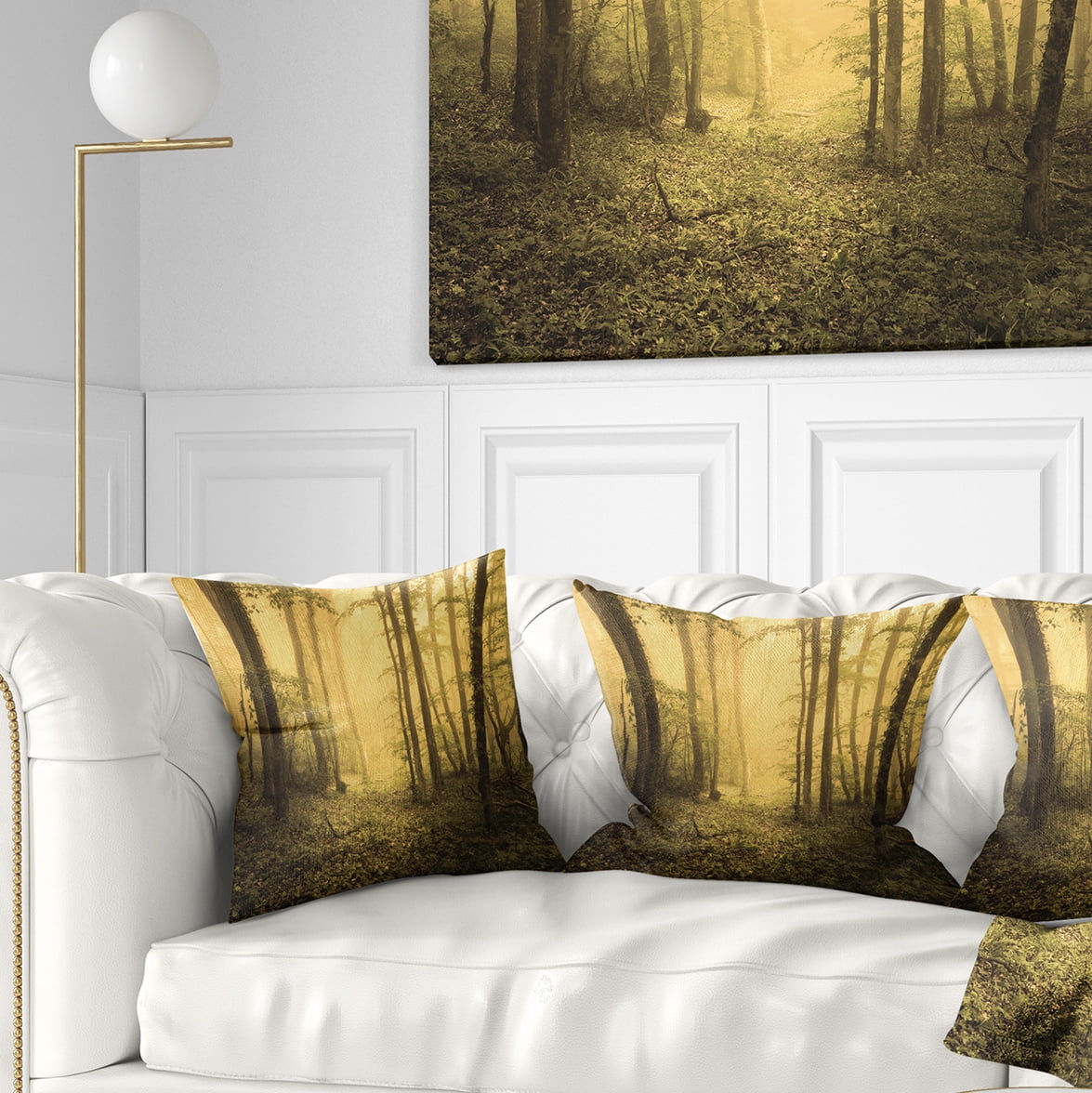 Designart Trail Through Yellow Foggy Forest - Landscape Photography Throw Pillow - 16x16