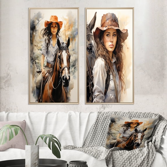 Designart "Trailblazing Spirit of the Cowgirl" Cowgirls Framed Wall Art Set Of 2 - Grey People Framed Canvas Set For Living Room Decor