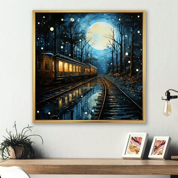Designart "Train Luminous Trails painting" Transportation Floater Framed Canvas Print