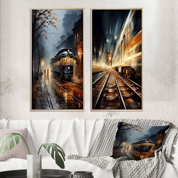 Designart "Train Misty Morning Painting I" Train Framed Wall Art Set Of 2 - Yellow Transportation Framed Canvas Set For Living Room Decor