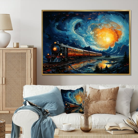 Designart "Train Rails by Vincent A Yellow and Blue Journey" Transportation Floater Framed Wall Decor