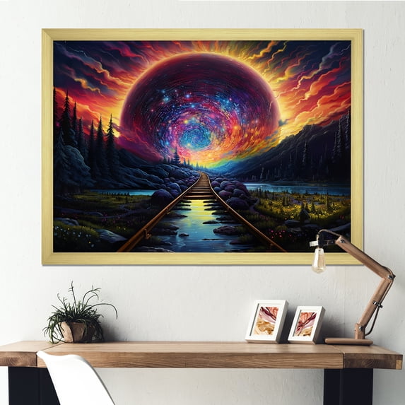 Designart "Train Tracks to the Sky on Starry Night III" Transportation Framed Wall Art Decor - Modern Blue Train Entryway Framed Wall Art