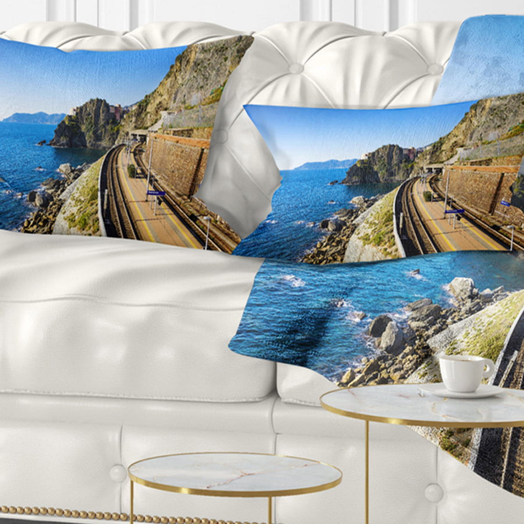 Designart Train and Railroad Station in Manarola - Landscape Wall Throw Pillow - 12x20