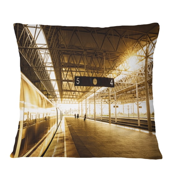 Designart Train at Railway Station with Sunlight - Landscape Printed Throw Pillow - 18x18