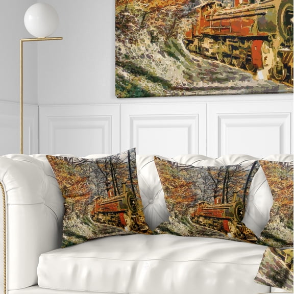 Designart Train in Forest Oil Painting - Landscape Painting Throw Pillow - 18x18