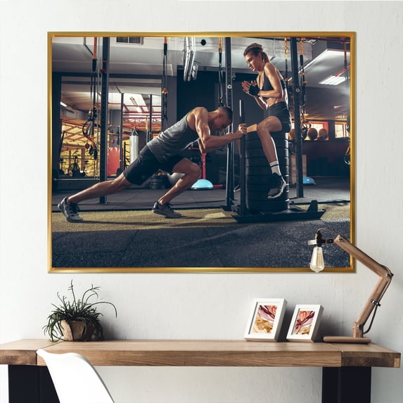 Designart "Training Together" Aerobic & Bodybuilding Floater Framed Wall Decor