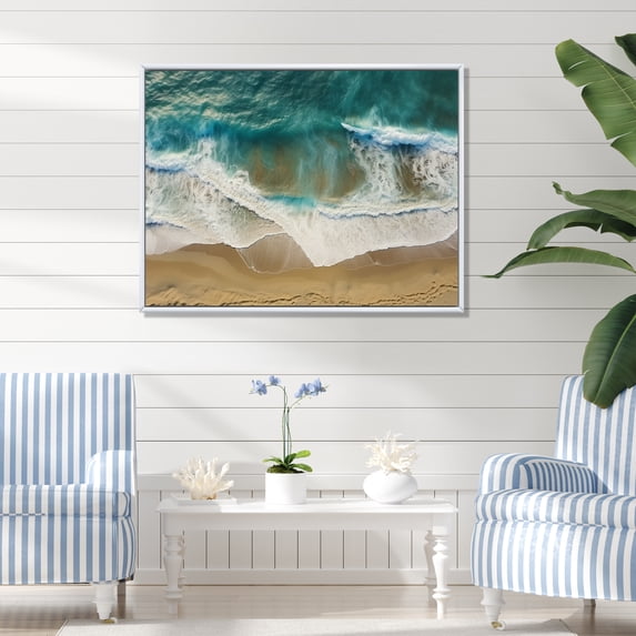 Designart "Tranquil Aerial View of Waves II" Coastal Framed Wall Art - Coastal White Coastal Beach Entryway Framed Wall Art Print