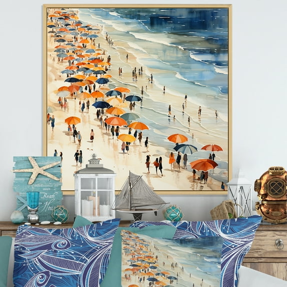 Designart "Tranquil Beach Day with Orange Umbrella III" Beach Framed Wall Art - Orange Beach People Bedroom Framed Canvas Wall Art