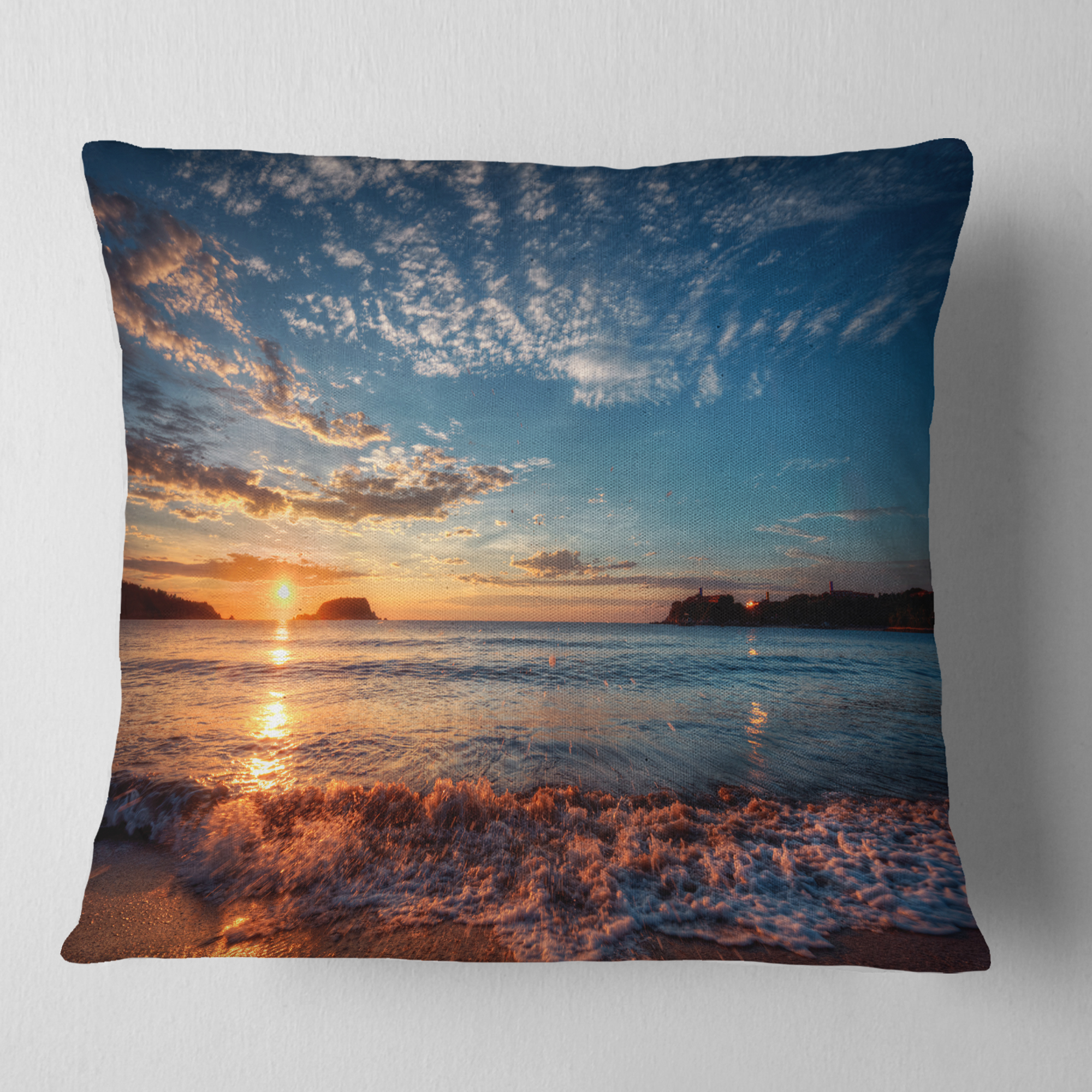 Designart Tranquil Beach and Whimsical Clouds - Seashore Photo Throw Pillow - 16x16