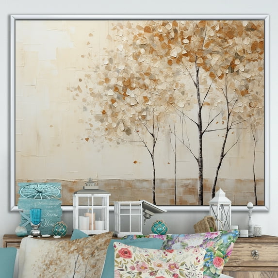Designart "Tranquil Beige Trees IV" Landscape Trees Floater Framed Wall Art Living Room