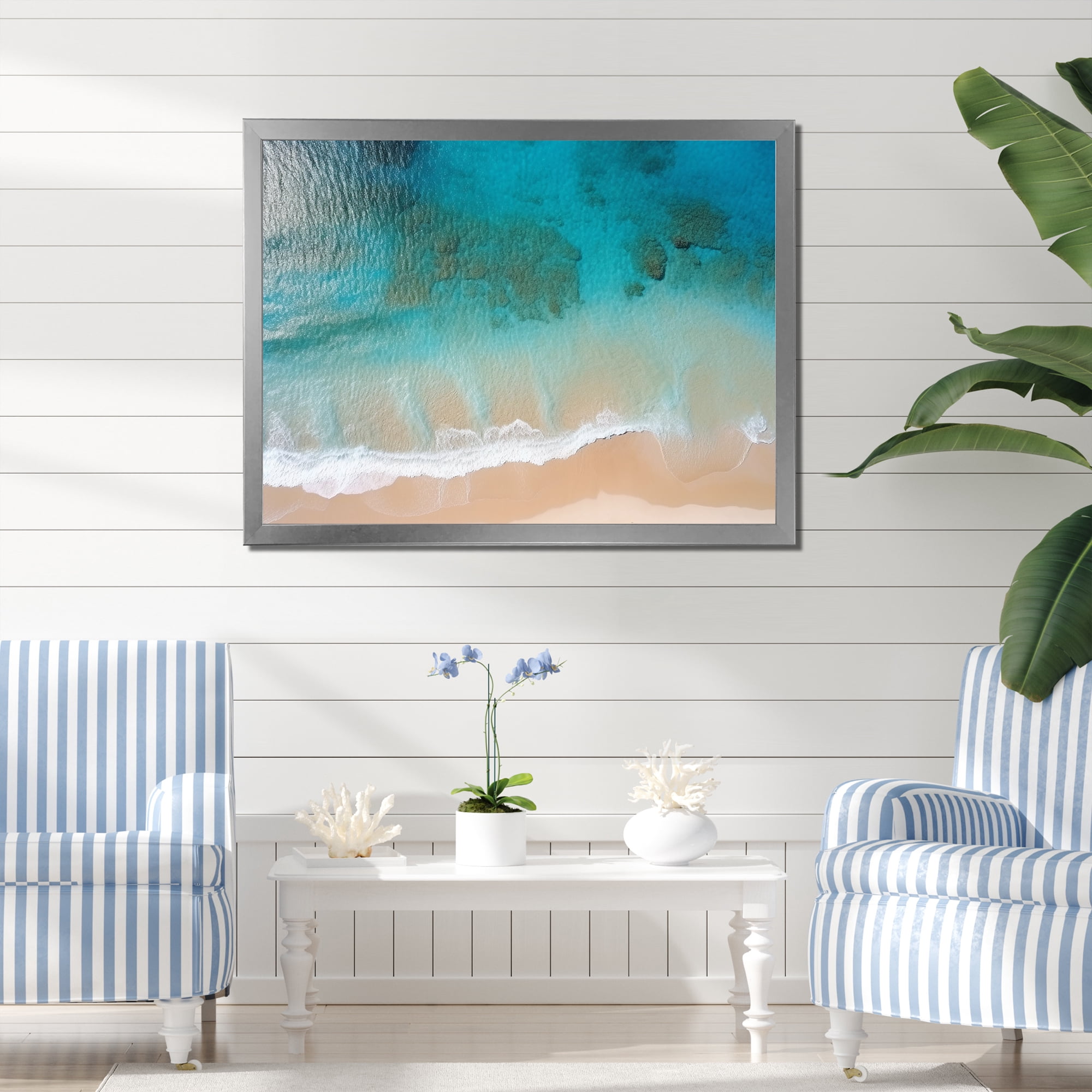 Designart "Tranquil Blue Aerial Beach View II" Coastal Framed Wall Art ...