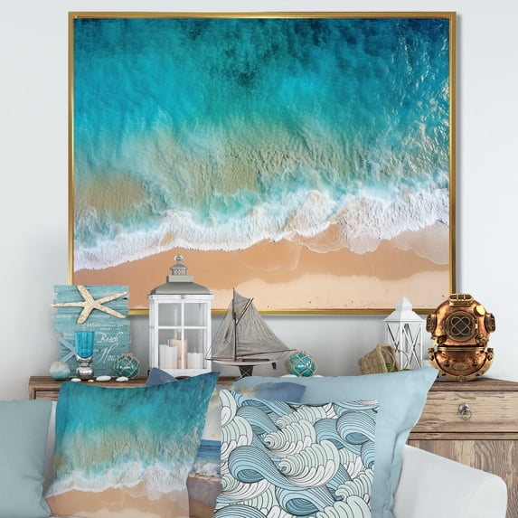 Designart "Tranquil Blue Aerial Beach View IV" Coastal Framed Wall Art - Coastal Blue Coastal Beach Entryway Framed Wall Art Print