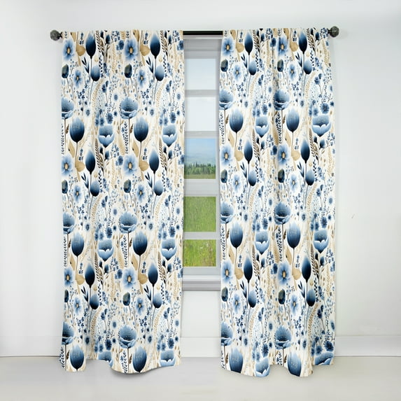 Designart "Tranquil Blue And White Ferns" Floral Blackout Curtain Panels