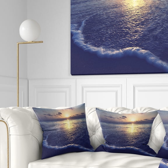 Designart Tranquil Blue Beach At Sunset - Seascape Throw Pillow - 16x16