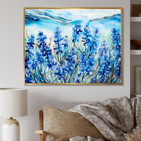 Designart "Tranquil Blue Bonnets Meadow II" Flower Field Floater Framed Canvas Prints