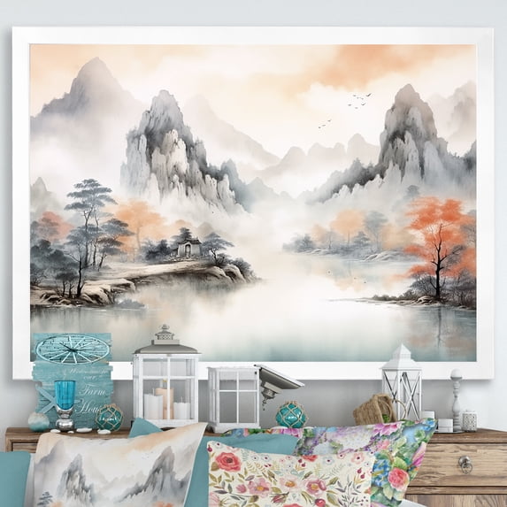 Designart "Tranquil Chinese Landscape in Grey Serenity I" Landscapes Framed Wall Art Decor - Traditional Orange China Entryway Framed Wall Art Print