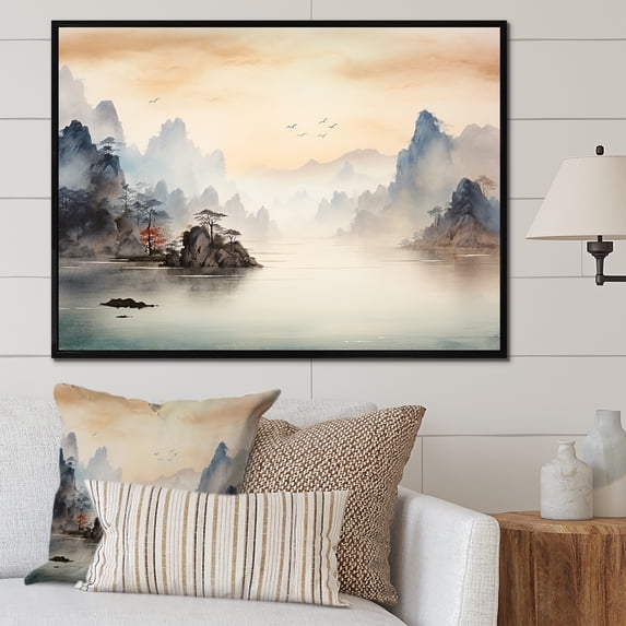 Designart "Tranquil Chinese Landscape in Grey Serenity II" Landscapes Framed Wall Art - Traditional Yellow China Living Room Framed Canvas Art