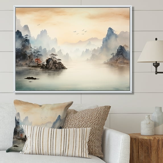 Designart "Tranquil Chinese Landscape in Grey Serenity II" Landscapes Framed Wall Art - Traditional Yellow China Living Room Framed Canvas Art