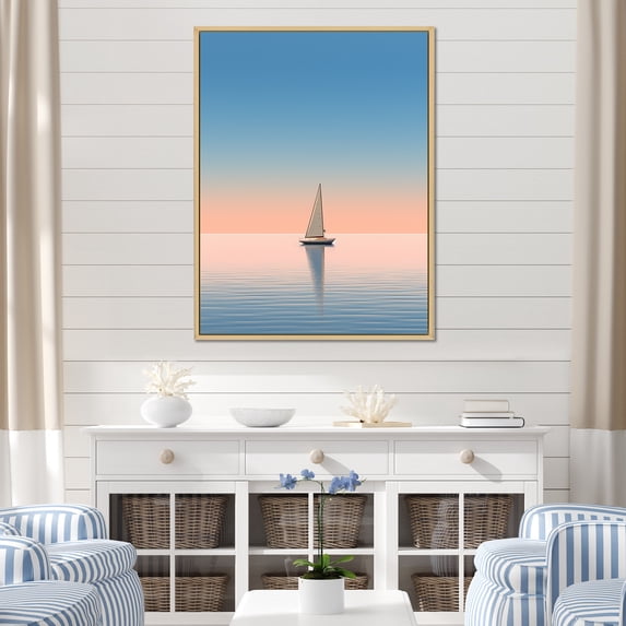 Designart "Tranquil Coast Pink Sailboat Snapshot I" Coastal Floater Framed Canvas Prints